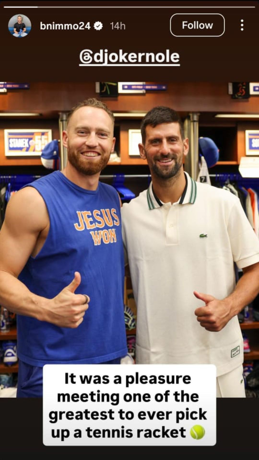 Brandon Nimmo clicked with Novak Djokovic [Image via Instagram - @bnimmo24]
