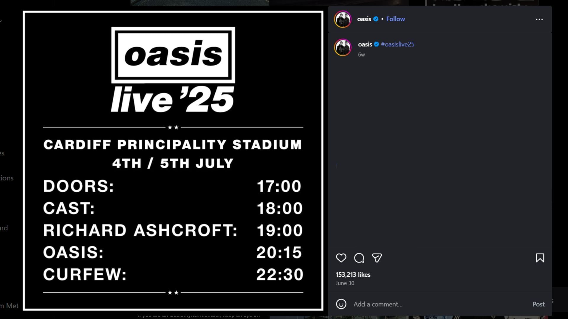 The Live&#039;25 tour kicked off in Cardiff on July 4, 2025 (Image via Instagram/@oasis)
