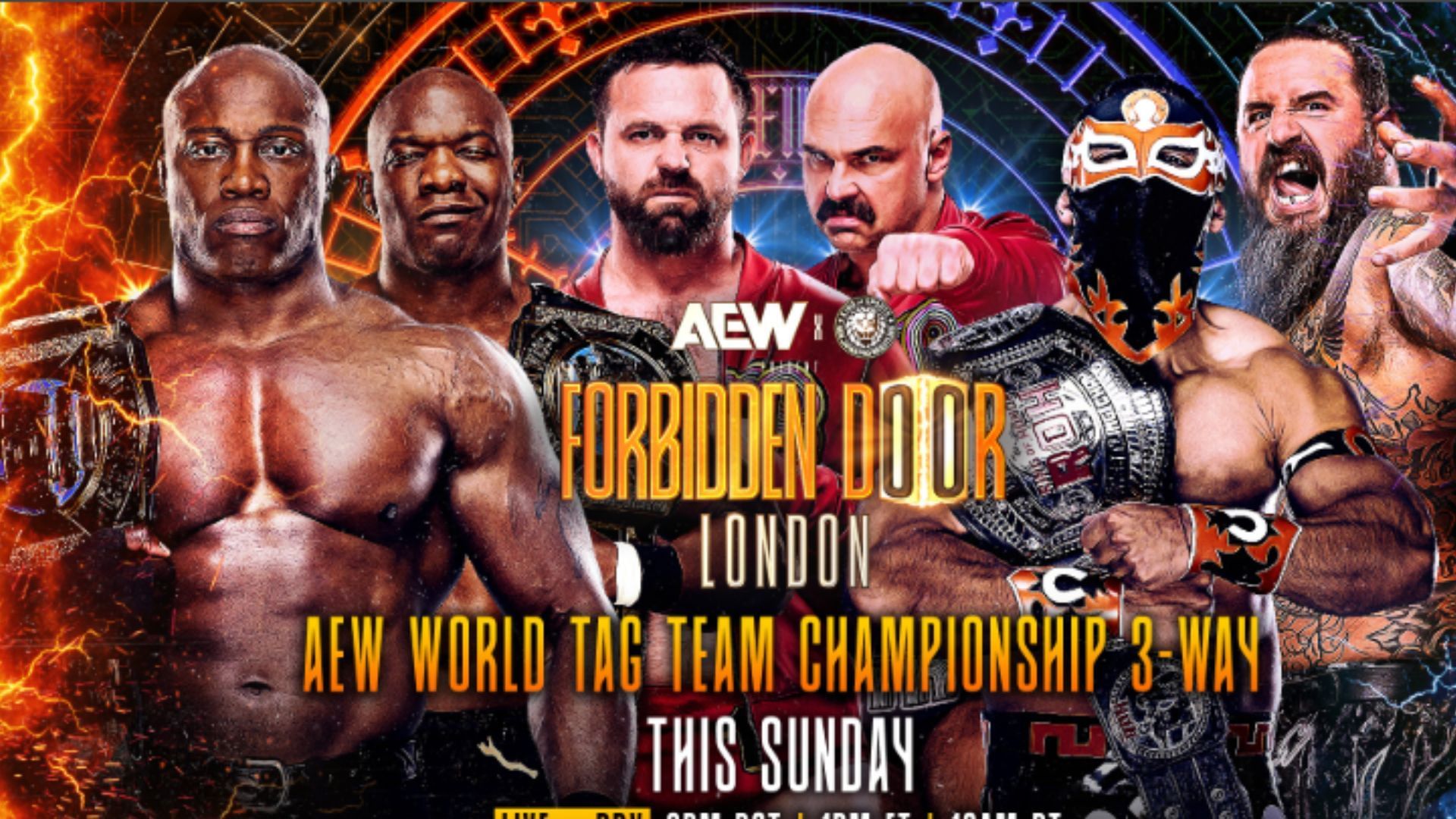 World Tag Team Title three-way graphic for Forbidden Door [Source : All Elite Wrestling on X]
