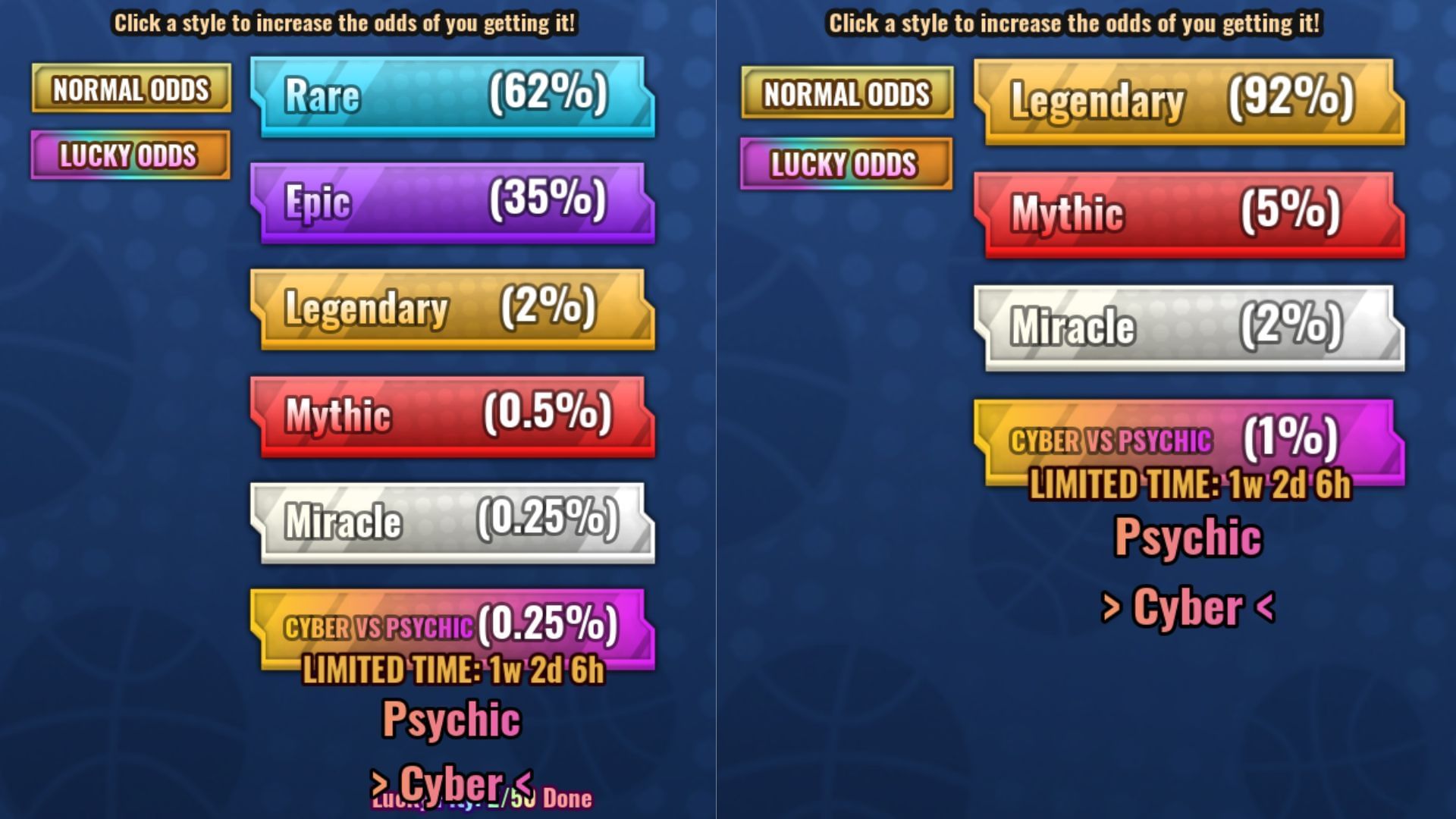 Normal and Lucky Odds of the Psyhic Style (Image via Roblox)