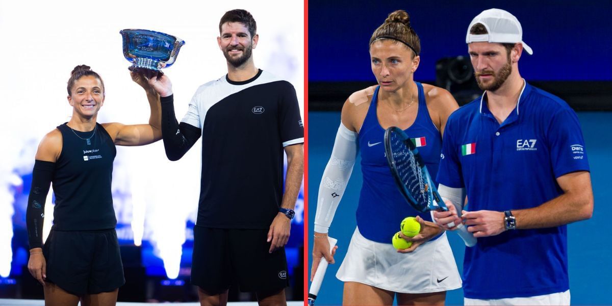 Sara Errani and Andrea Vavassori with the 2025 US Open mixed doubles trophy (left), Errani and Vavassori at the 2025 United Cup (right), Sources: Getty