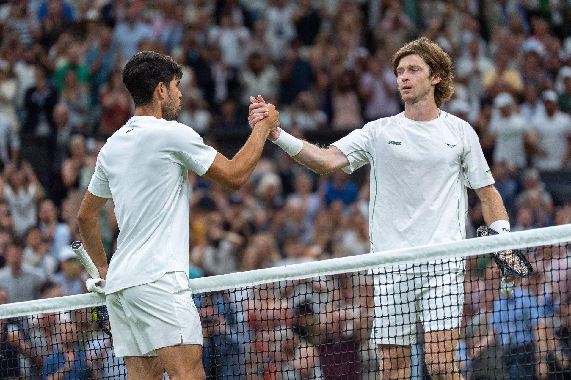 Carlos Alcaraz (left) and Andrey Rublev (right) at the 2025 Wimbledon Championships (Source: Getty)