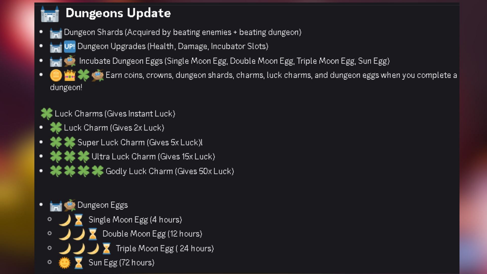 Dungeons update details (Image via Discord)