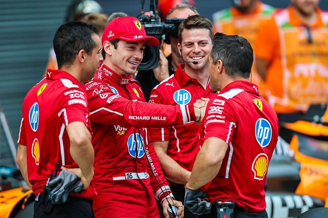 Watch: Charles Leclerc greets his Ferrari teammates after securing a shock pole position for the F1 Hungarian GP