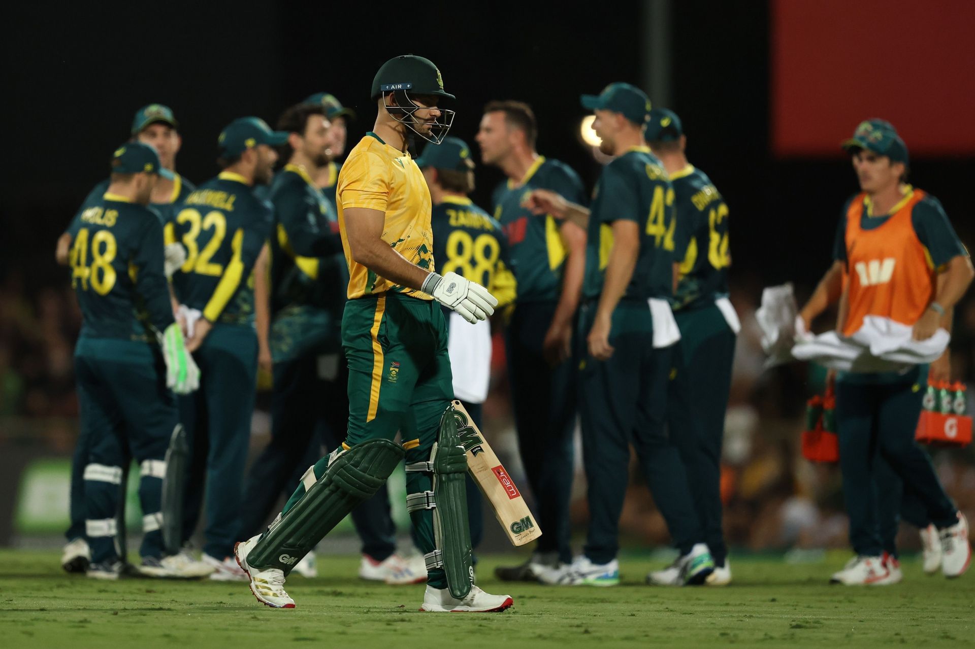 Aiden Markram walks off for 12 in first T20I. (Credits: Getty)