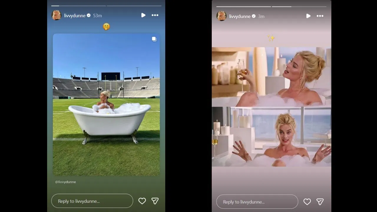 Screenshots of Olivia Dunne&#039;s Instagram stories (Images from - Instagram.com/@livvydunne IG Stories)