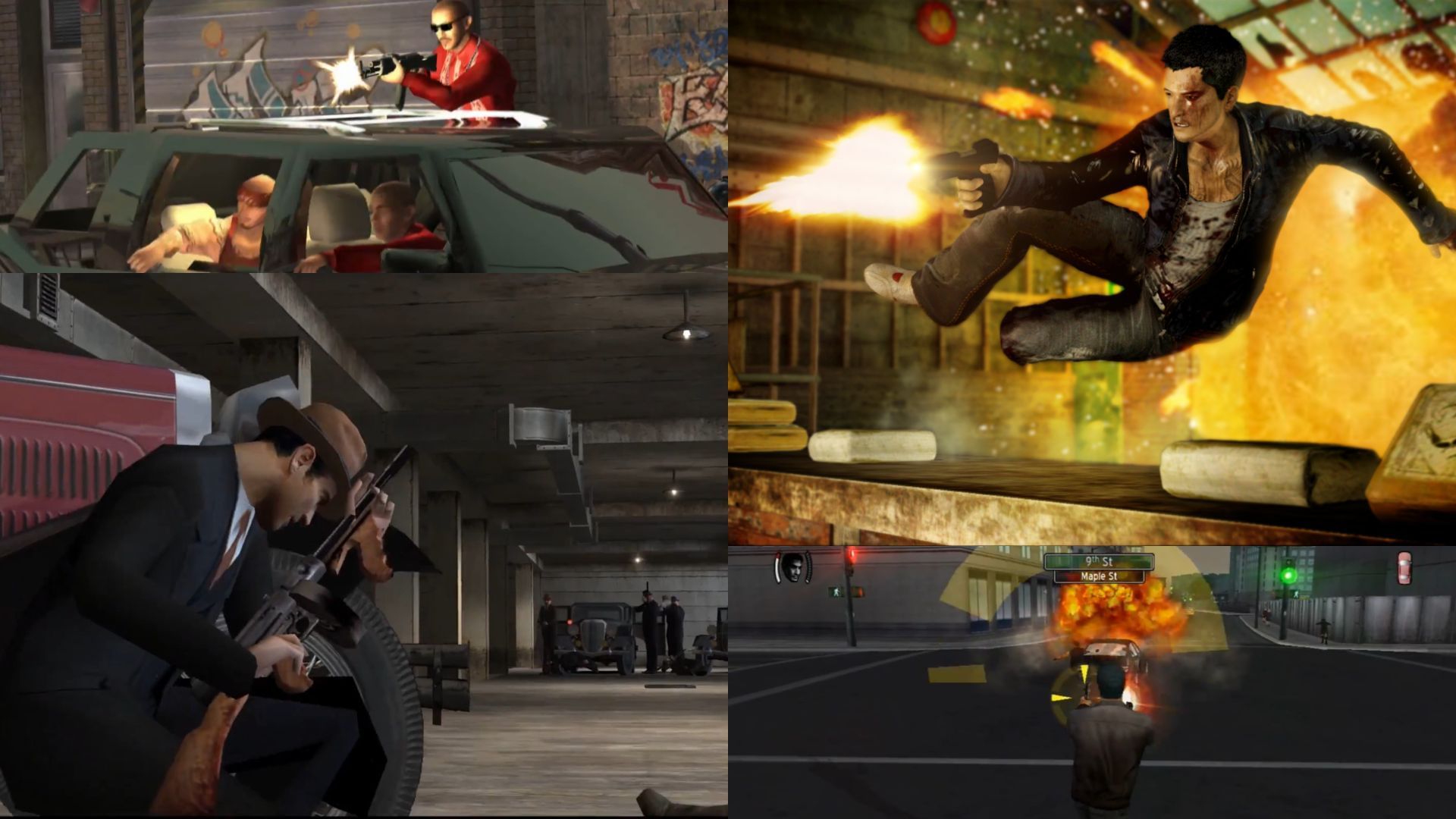 Glimpses from Mafia, True Crime: Streets of LA, Saints Row, and Sleeping Dogs (Image via 2K / Activision/ THQ / Square Enix)