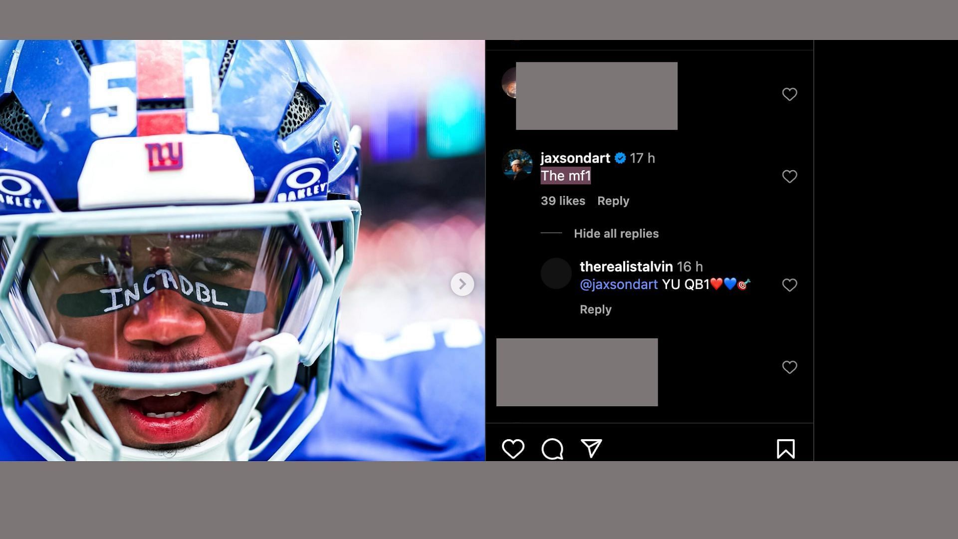 Jaxson Dart comments on Abdul Carter ig post (image credit: instagram/abdul1carter)