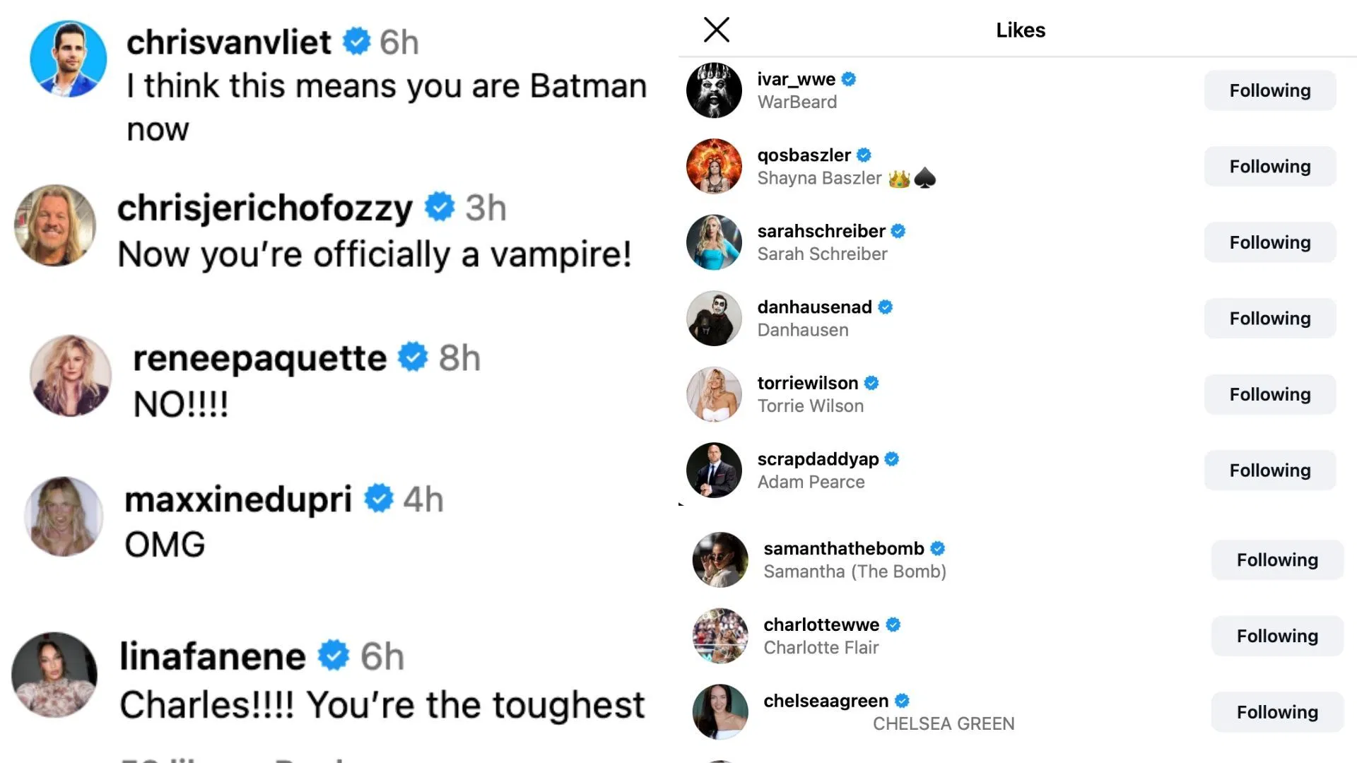 Stars reacted to the legendary referee being bitten by a bat on social media. [Image credit: Charles Robinson on Instagram]