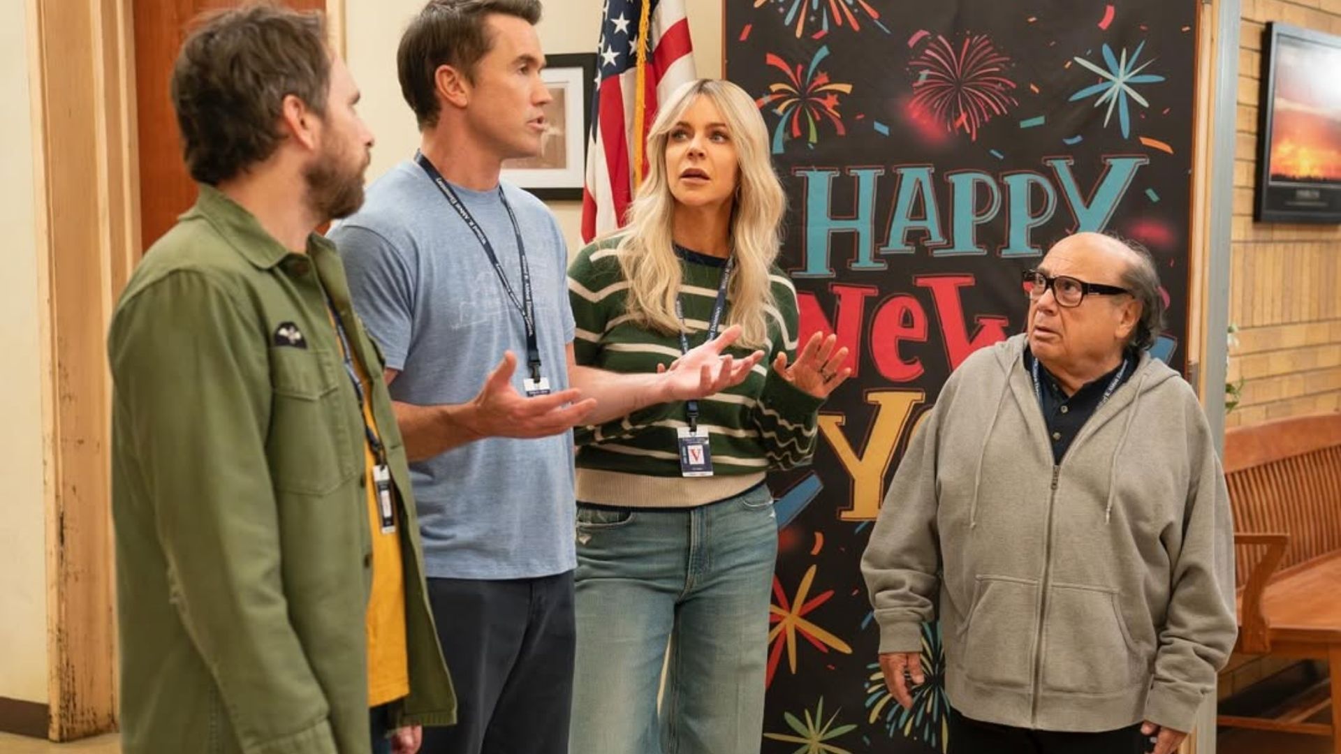 Dee Reynolds as seen with the gang from It&rsquo;s Always Sunny in Philadelphia season 17 (Image via Instagram/@alwayssunnyfxx)