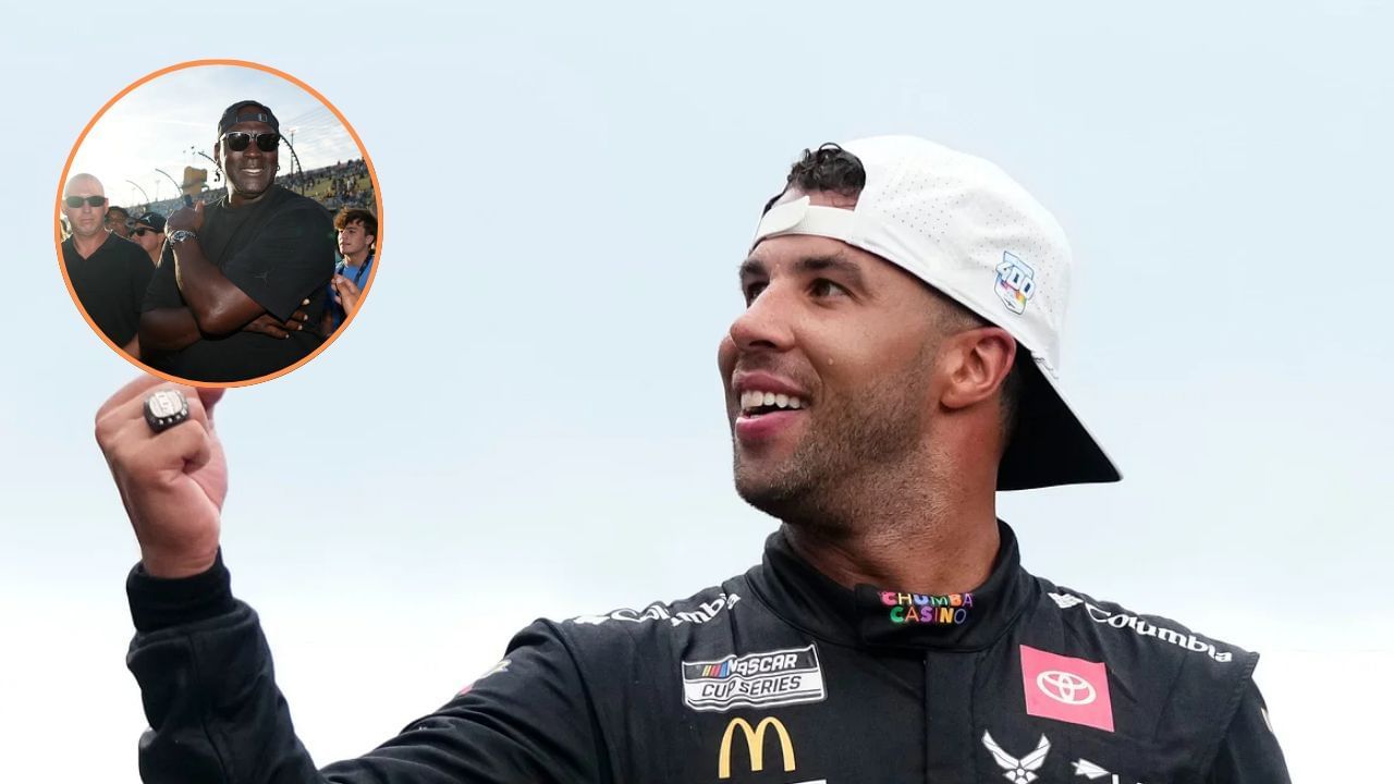 Bubba Wallace talks with Michael Jordan after 2025 Brickyard 400 win. Images via Imagn.