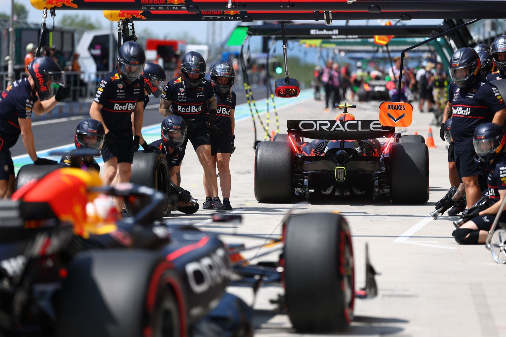 Yuki Tsunoda (22) and Max Verstappen (1) in the Hungaroring Pitlane. Source: Getty