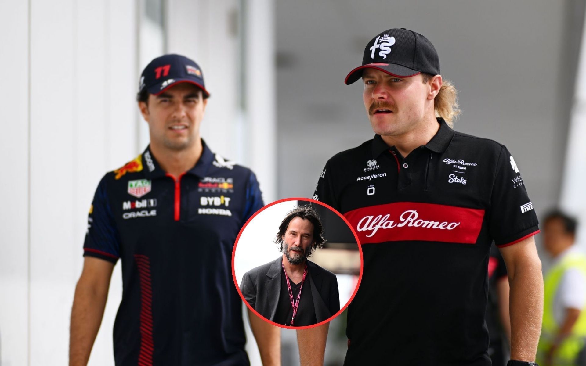 Sergio Perez, Keanu Reeves, and Valtteri Bottas