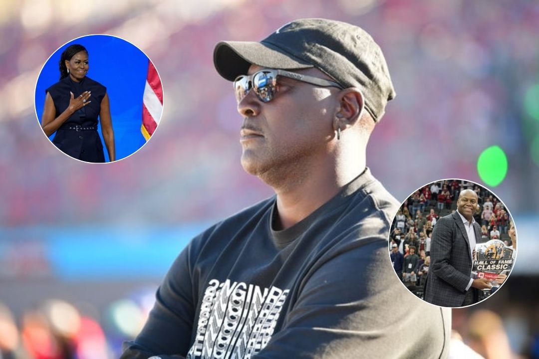 Former First Lady Michelle Obama smiles while preparing to sing the national anthem, Craig Robinson offers a hall of fam e trophy during an NCAA game, Michael Jordan watches a NASCAR race  