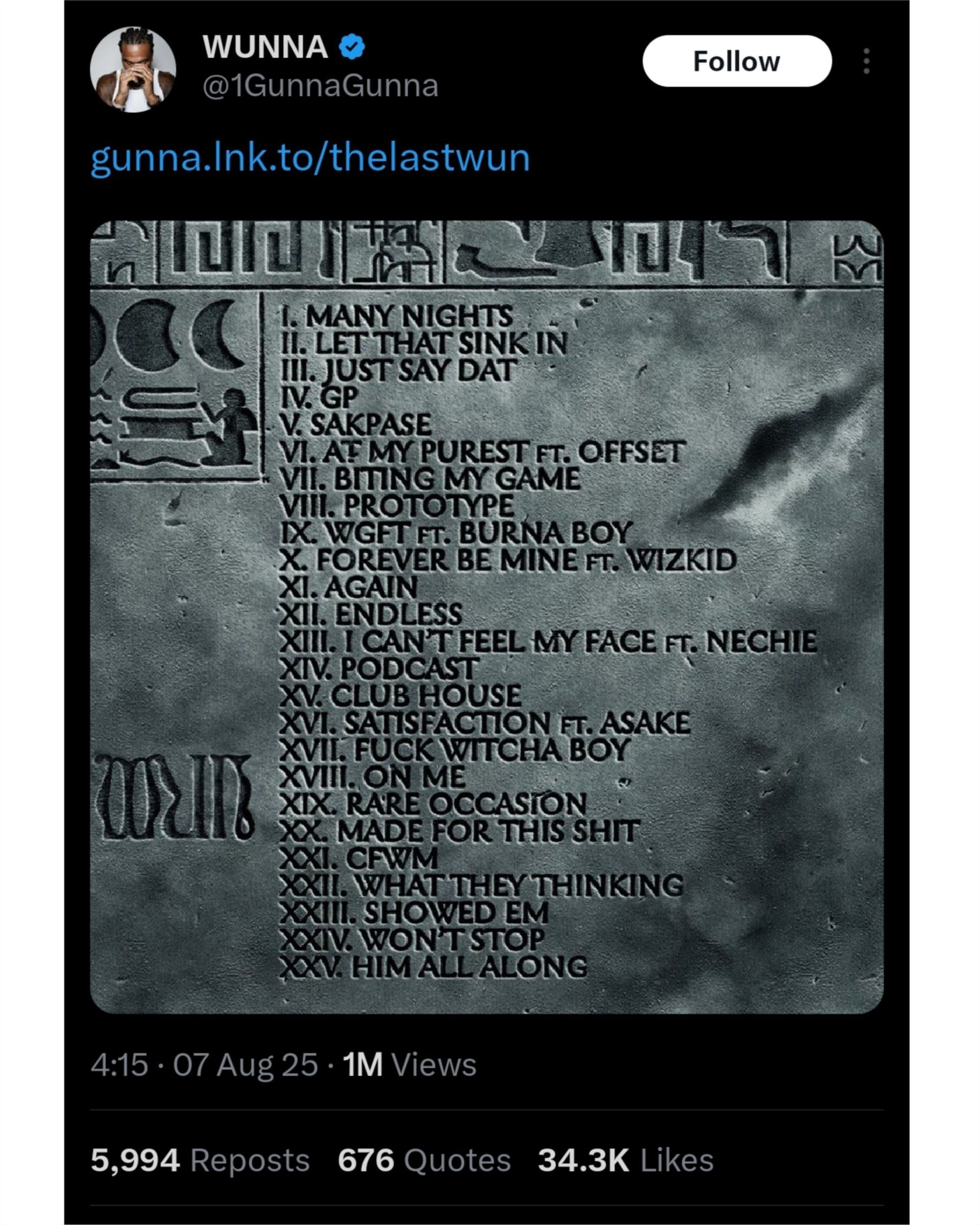 Gunna tweeted the tracklist (Photo via X/@1GunnaGunna)