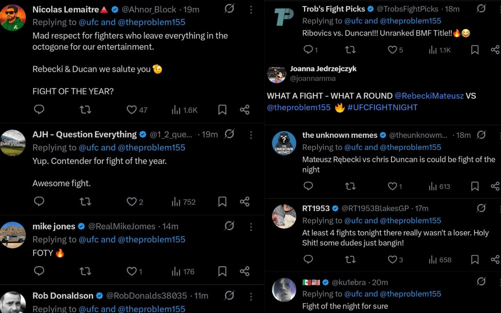 Fans&#039; reaction to Mateusz Rebecki vs. Chris Duncan fight. [Screenshots courtesy: @ufc on X]