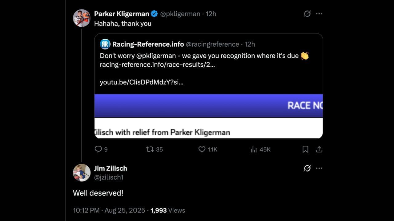 Connor Zilisch&#039;s dad acknowles Parker Kligerman&#039;s feat on X. Source: @X/pkilgerman
