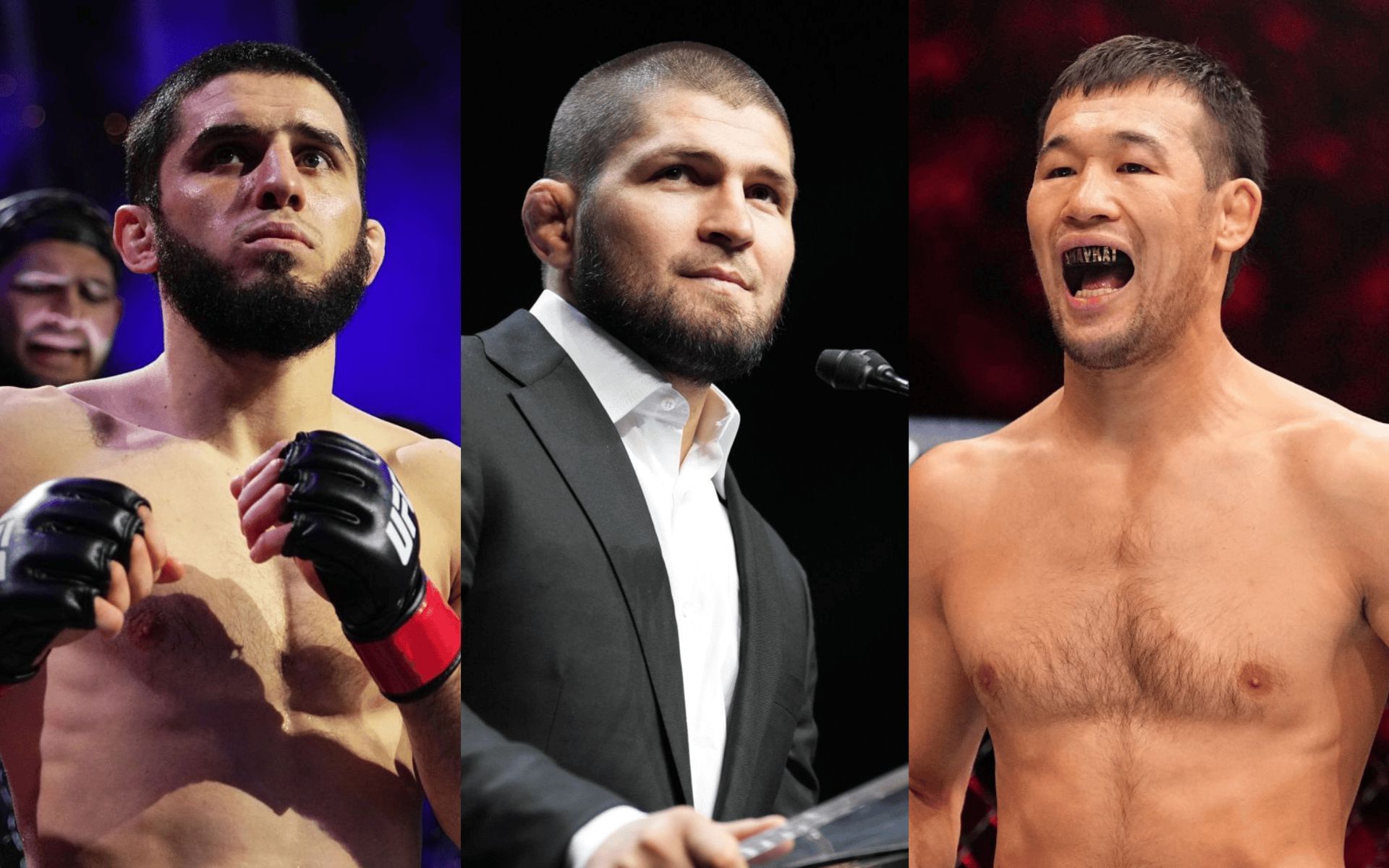 Khabib Nurmagomedov (middle) claims Shavkat Rakhmonov (right) can be tough opponent for Islam Makhachev (left). [Images courtesy: Getty]