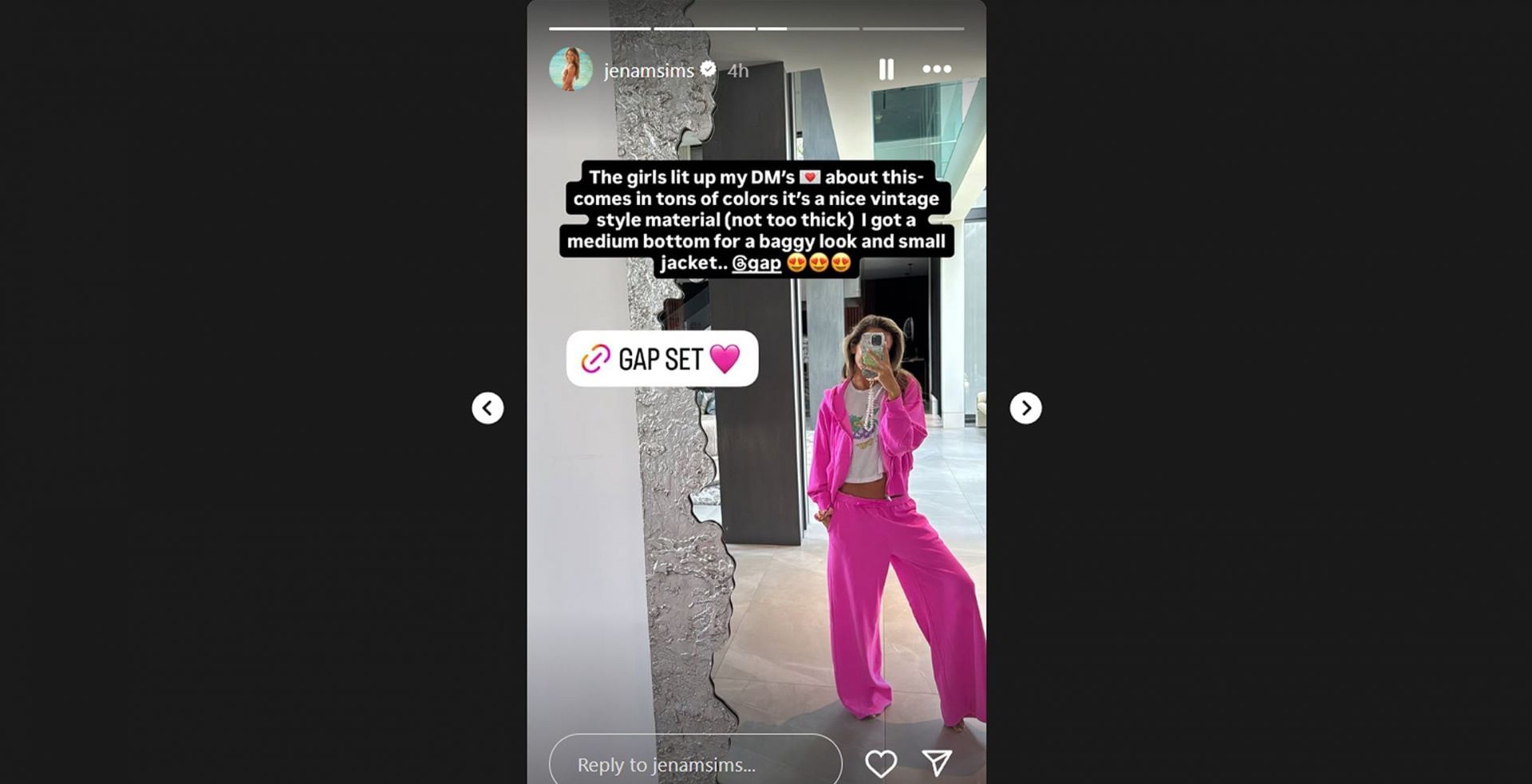 Still from the story of Jena Sims' Instagram (image via Instagram/@Jenamsims)