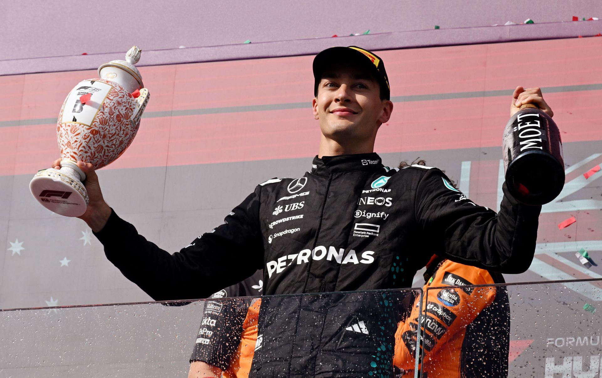 George Russell on the podium after his P3 finish at the Hungarian Grand Prix - Source: Getty