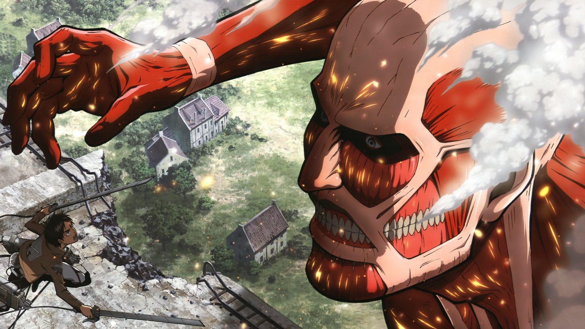 The Colossal Titan appears for the first time in Attack on Titan (Image via Wit Studio, MAPPA).
