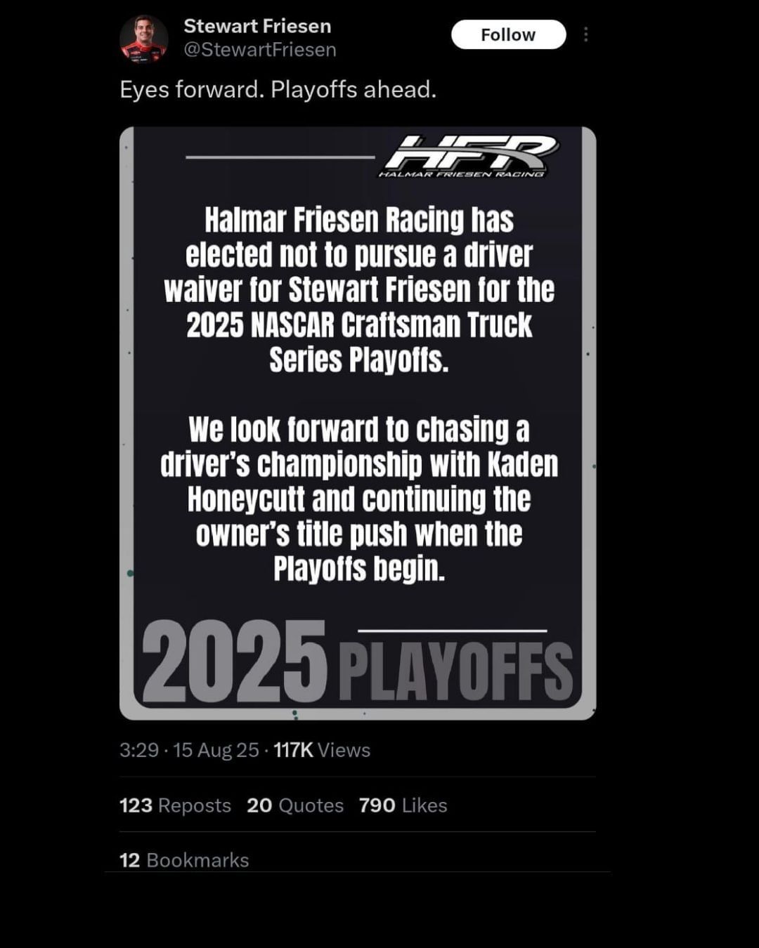 Screenshot of Stewart Friesen&#039;s statement via his X account @StewartFriesen Enter caption