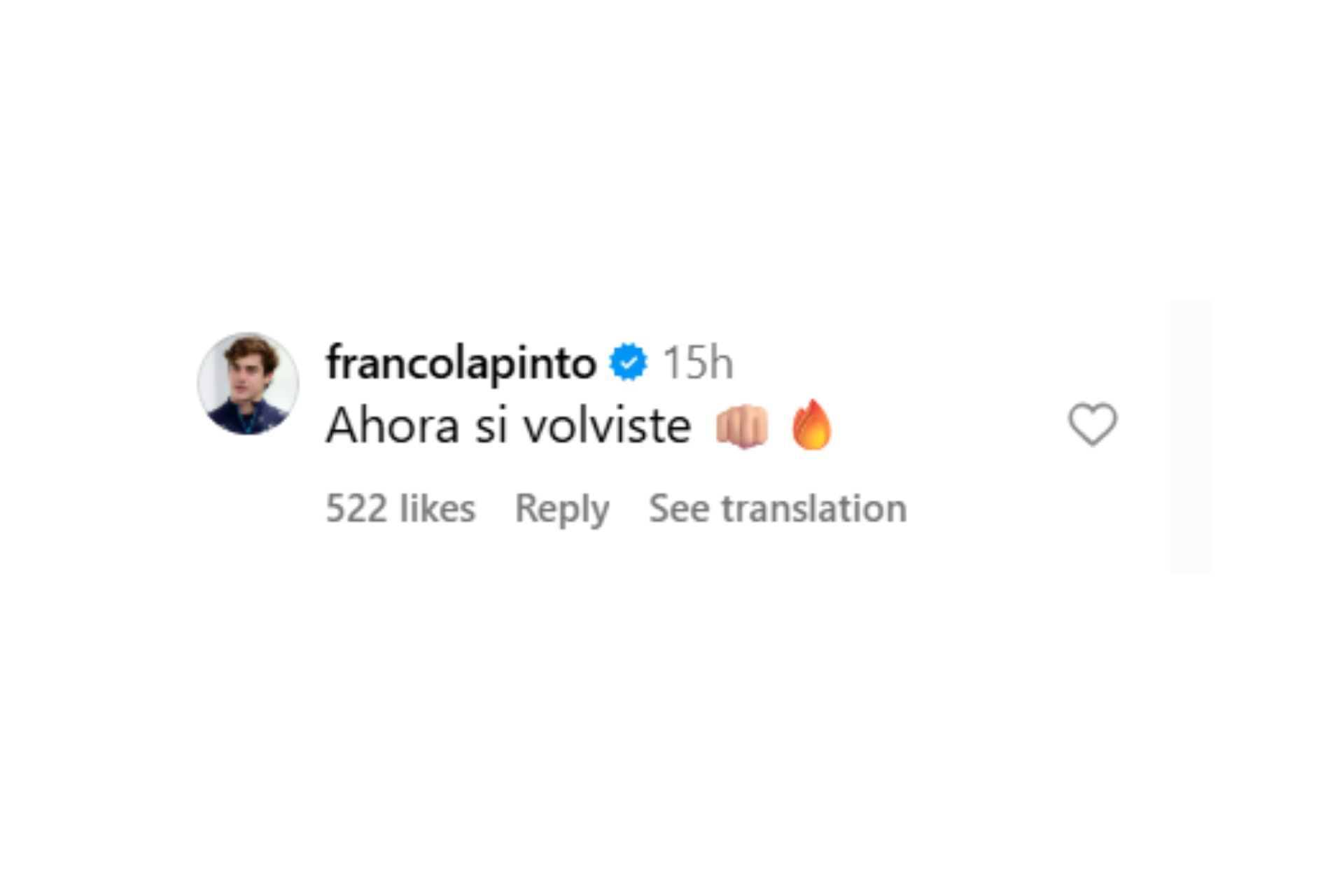 Snapshot of Franco Colapinto&#039;s comment...Credits-Instagram