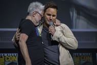 James Gunn and Chris Pratt at the Marvel Cinematic Universe Mega-Panel during 2022 San Diego Comic Con (Image via Getty)