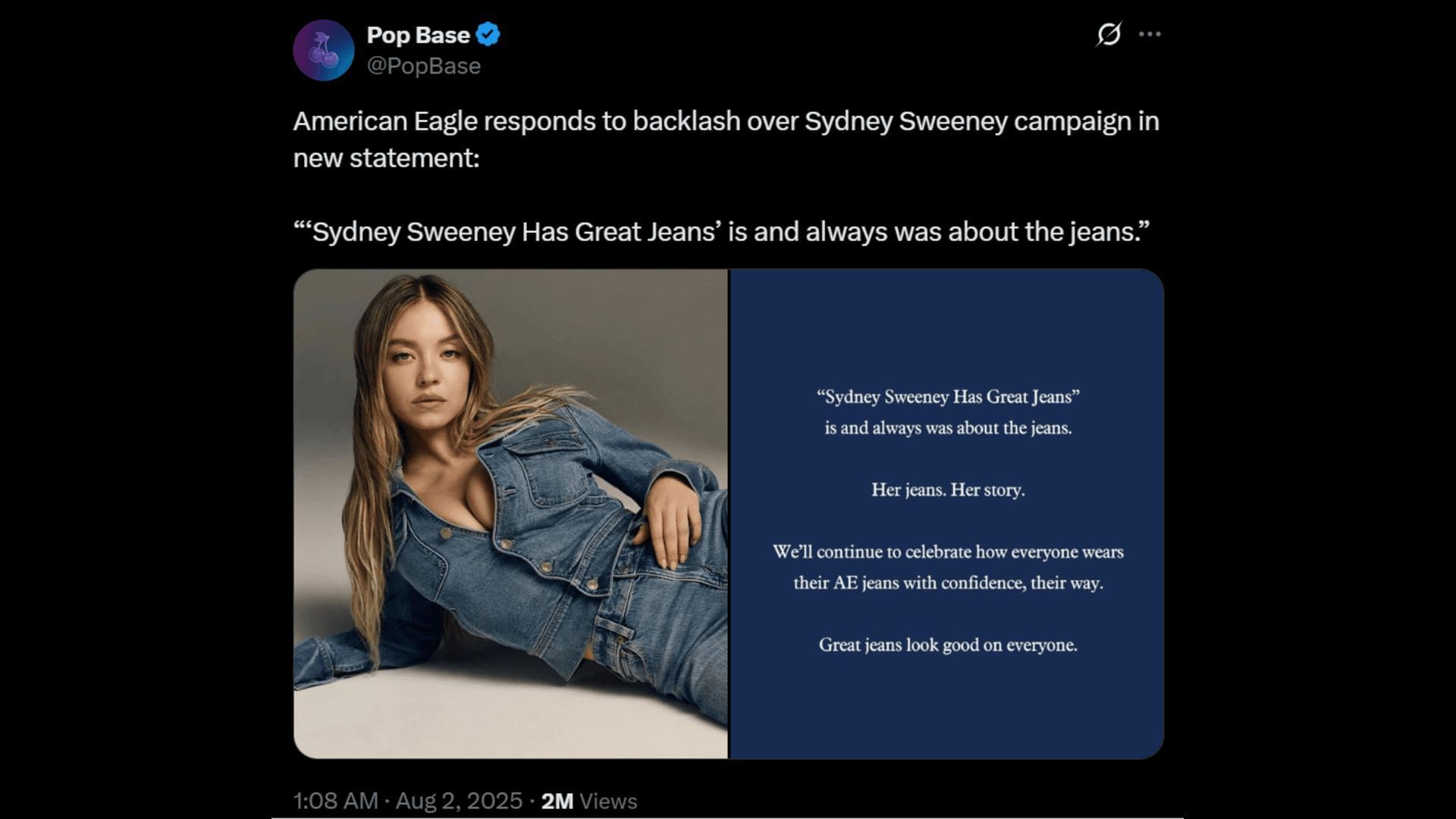 American Eagle responds to Sydney Sweeney controversy. (Image via X)