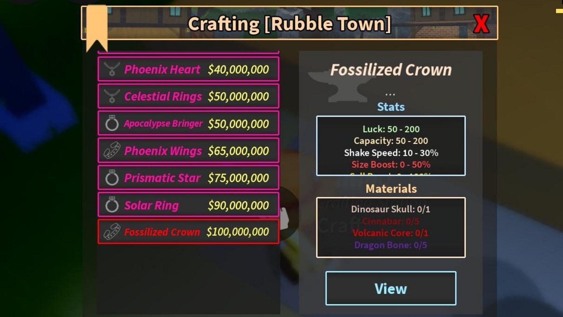 The Fossilized Crown crafting recipe (Image via Roblox)