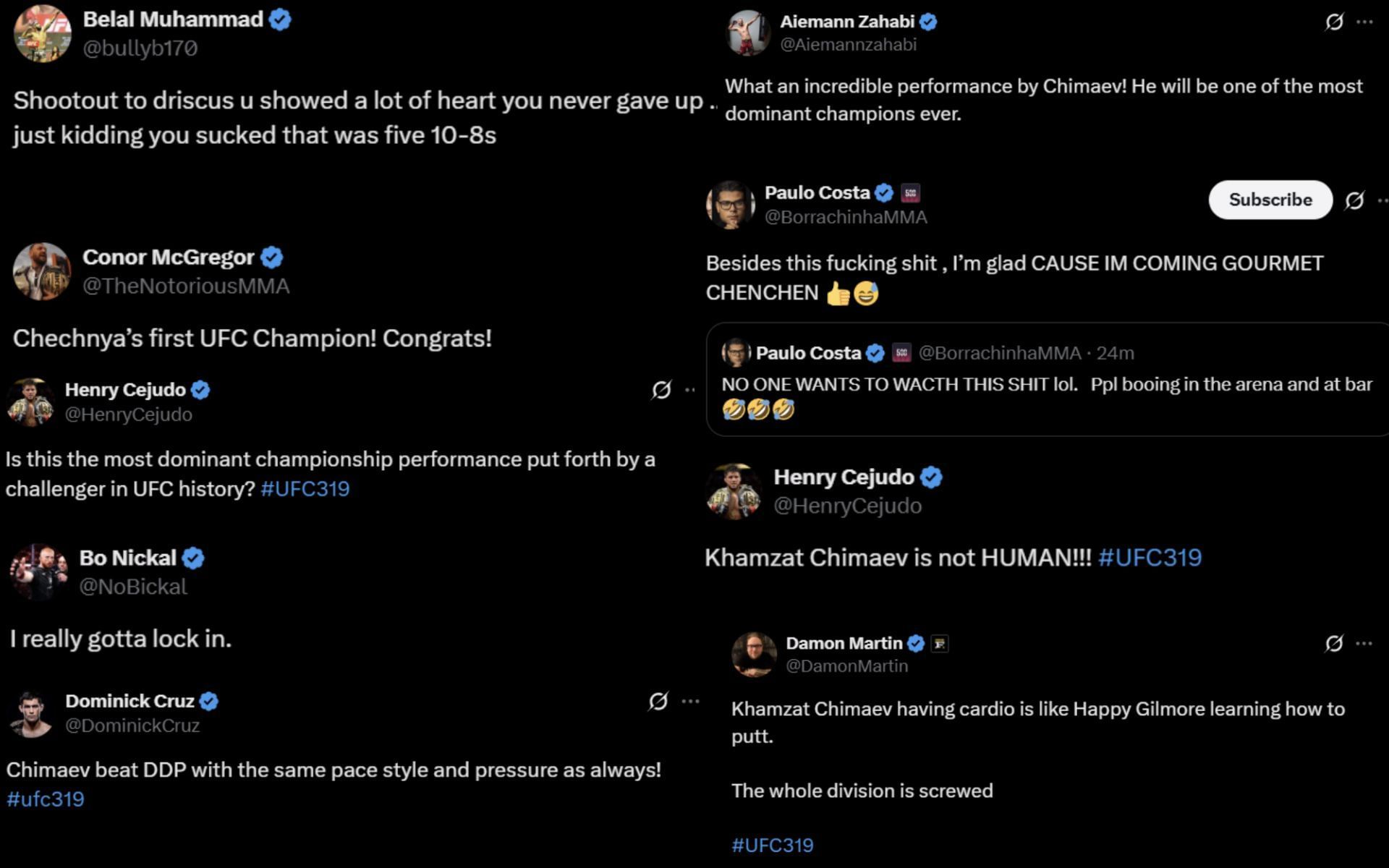 MMA community reacts to Khamzat Chimaev&#039;s performance against Dricus du Plessis at UFC 319. [Screenshots courtesy: Respective X handles]