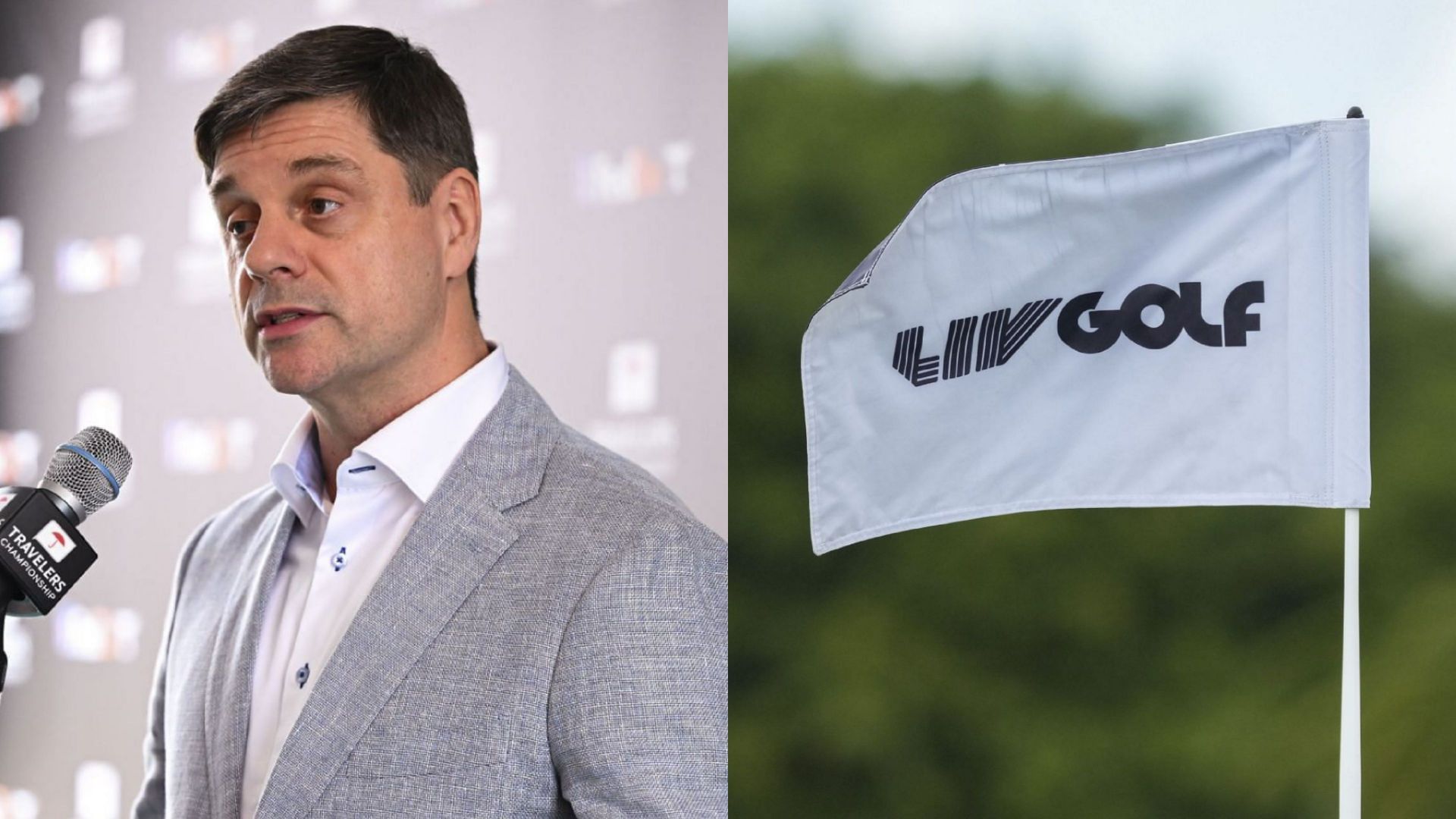 Brian Rolapp (on left) and LIV Golf flag (on right) / Source: Getty Images