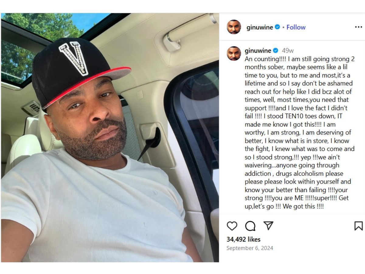 Lumpkin&#039;s Instagram post celebrating his sobriety (Image via Instagram/ @ginuwine)