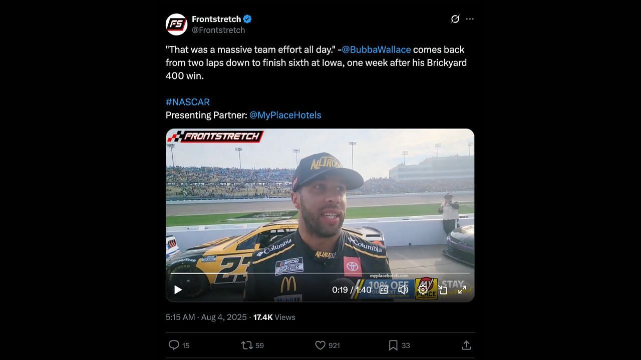 Bubba Wallace comments on his Iowa comeback drive. Source: @X/Frontstretch