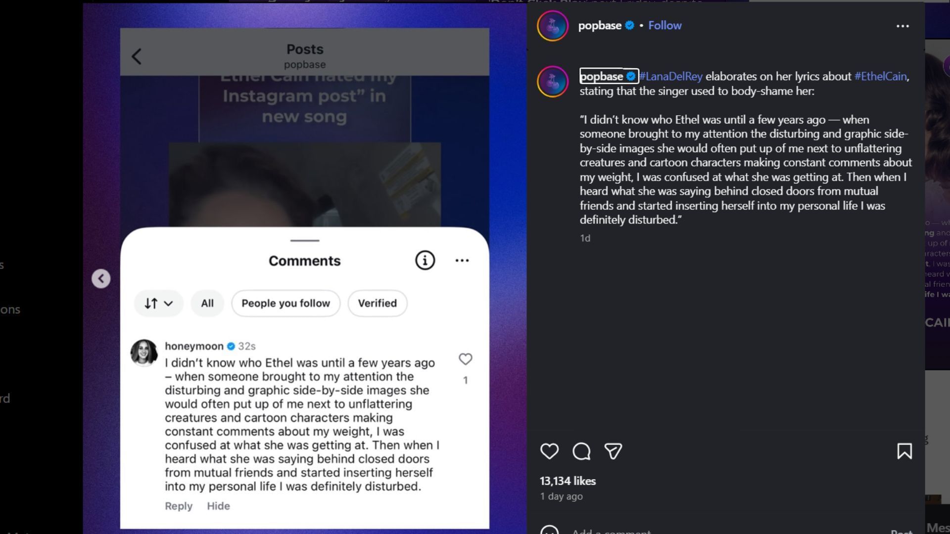 A screenshot of Lana Del Rey&#039;s comment on the Pop Base post on Instagram (Image via Instagram/@popbase)