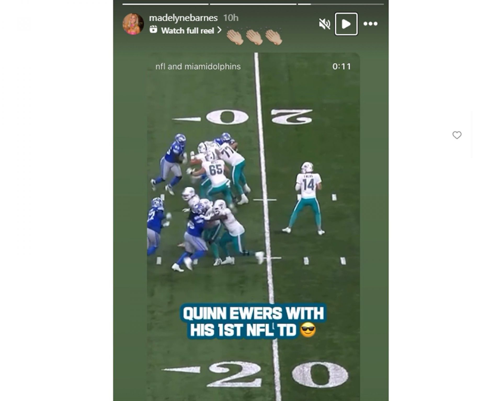 Quinn Ewers&#039; GF Madelyne Barnes reacts as Dolphins QB scores first NFL touchdown /@madelynebarnes