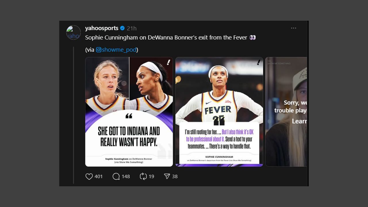 Sophie Cunningham&#039;s statement on Bonner&#039;s departure. (Credits: @yahoosports/threads)