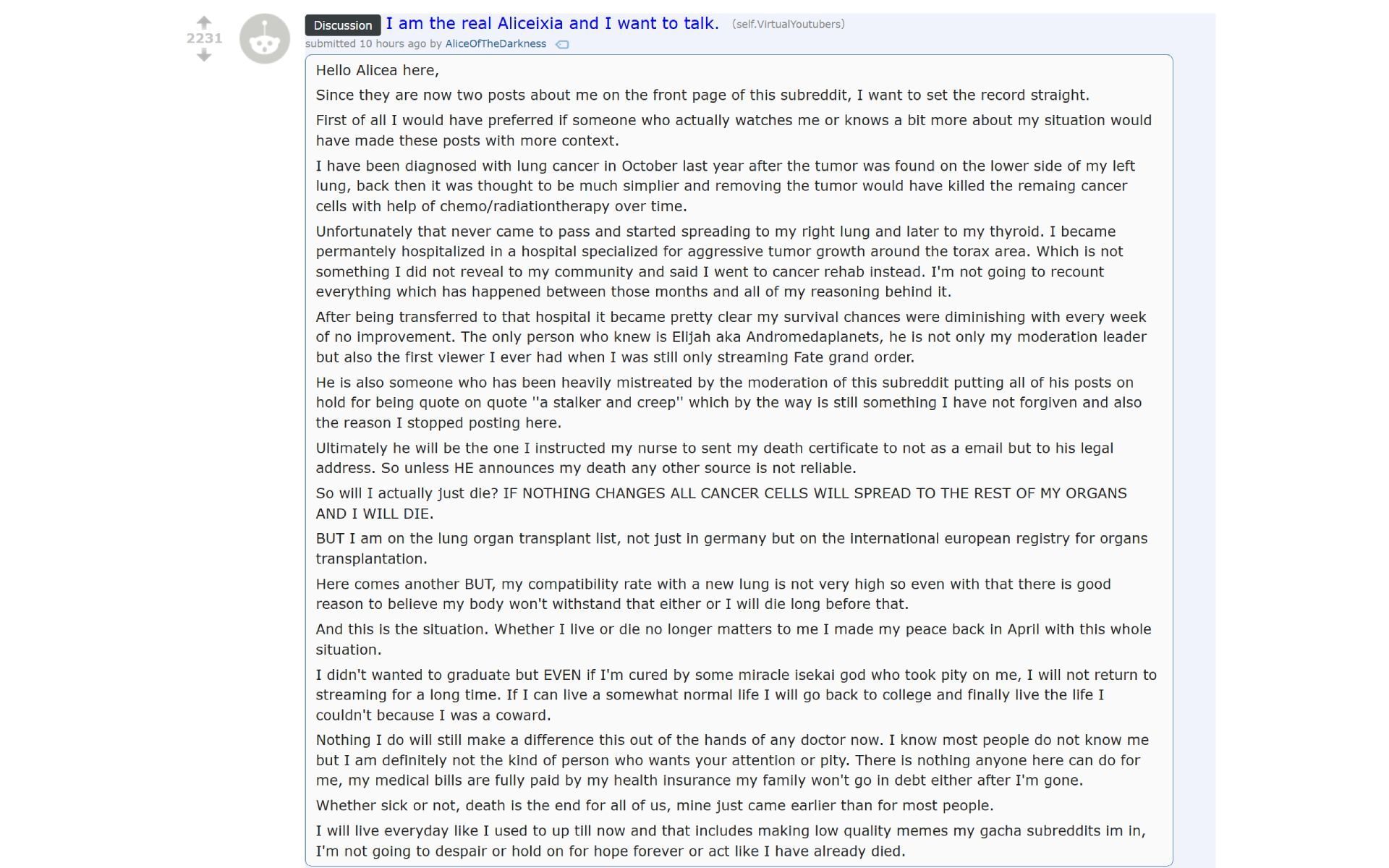 The VTuber&#039;s statement posted on Reddit (Image via reddit.com/r/VirtualYoutubers)