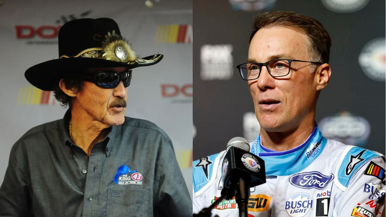 A side-by-side image of (Left) May 15, 2010; Dover, DE, USA; NASCAR Sprint Cup Series owner Richard Petty during practice for the Autism Speaks 400 at Dover International Speedway. Mandatory Credit: Mark J. Rebilas-Imagn Images (Right) Feb 15, 2023; Daytona Beach, Florida, USA; NASCAR Cup Series driver Kevin Harvick (4) speaks to the media at Daytona International Speedway. Mandatory Credit: Mike Dinovo-Imagn Images