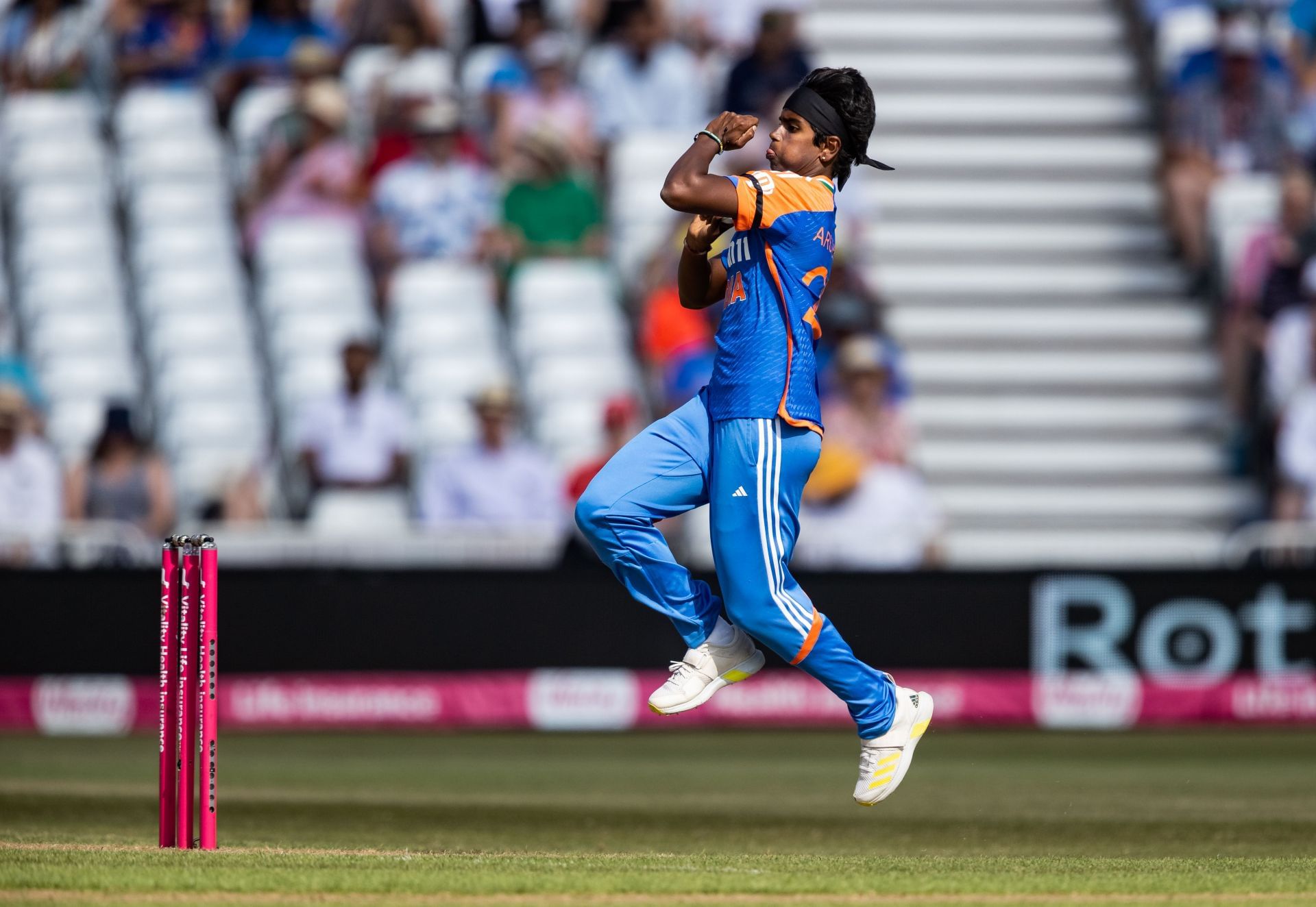 Arundhati Reddy of India in delivery stride during the 1st Women&#039;s Vitality IT20 match between England and India at Trent Bridge on June 28, 2025 in Nottingham, England. (Photo by Andy Kearns/Getty Images)