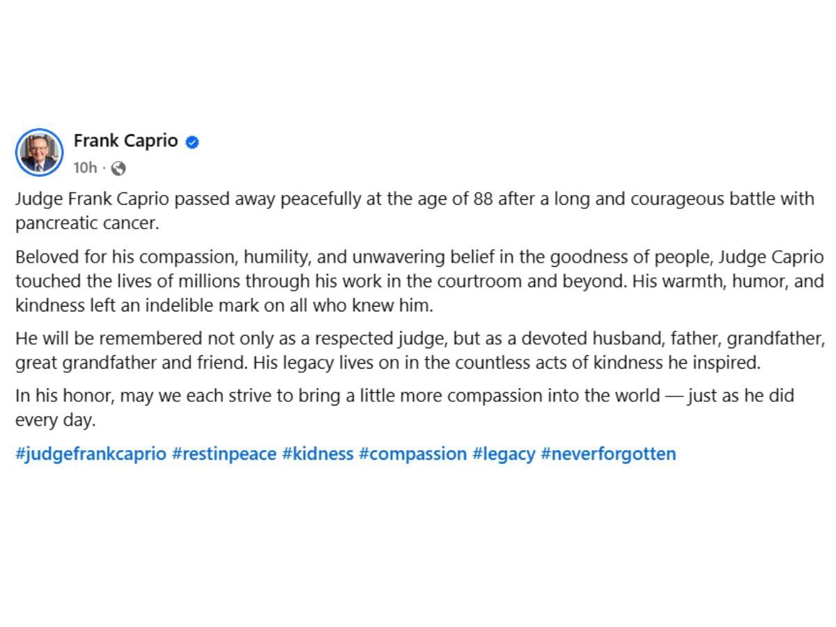 The late judge&#039;s obituary on social media (Image via Facebook/ @Frank Caprio)
