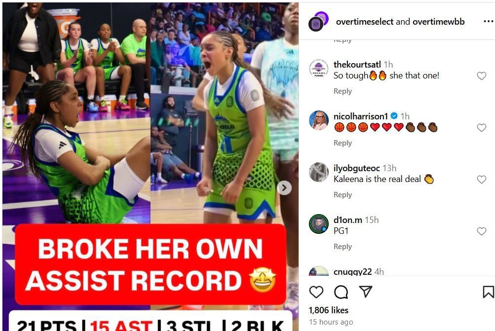 Fans react to Kaleena Smith&#039;s assist record at Overtime Select 2 game on IG. Image via @overtimeselect