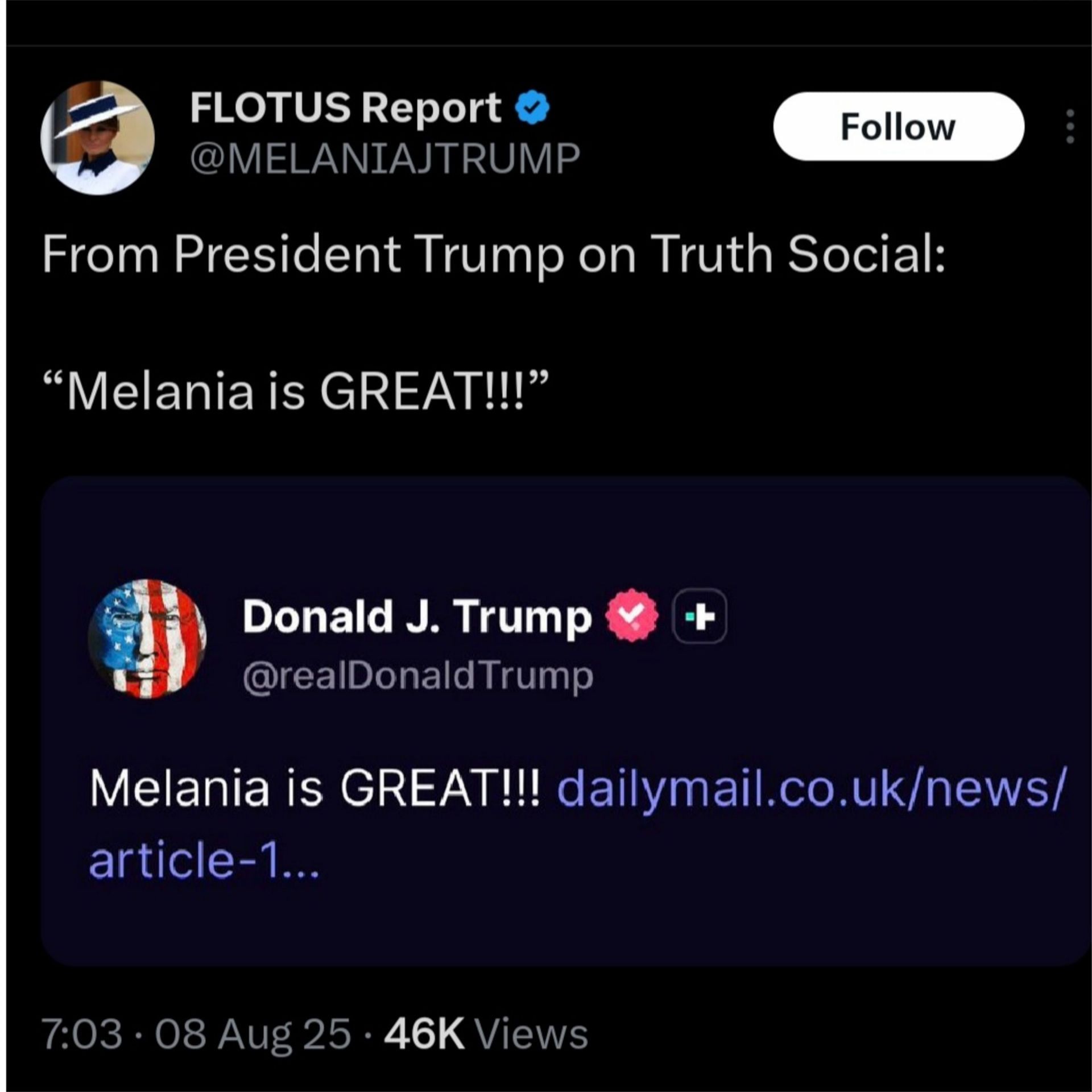 The screengrab of Donald Trump&#039;s Truth Social post, (Image via X/@MELANIAJTRUMP)