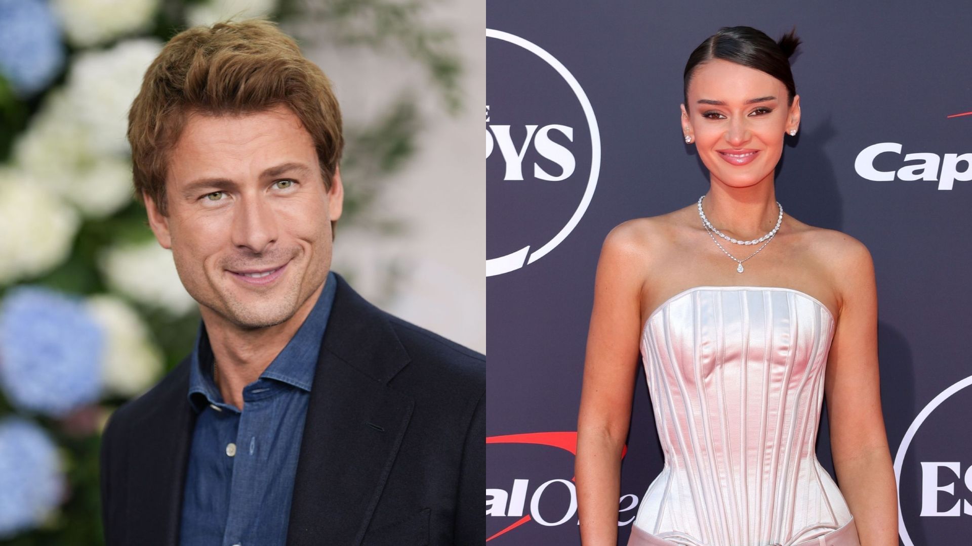 Glen Powell receives a custom shirt from Kristin Juszczyk - via Getty/CMS