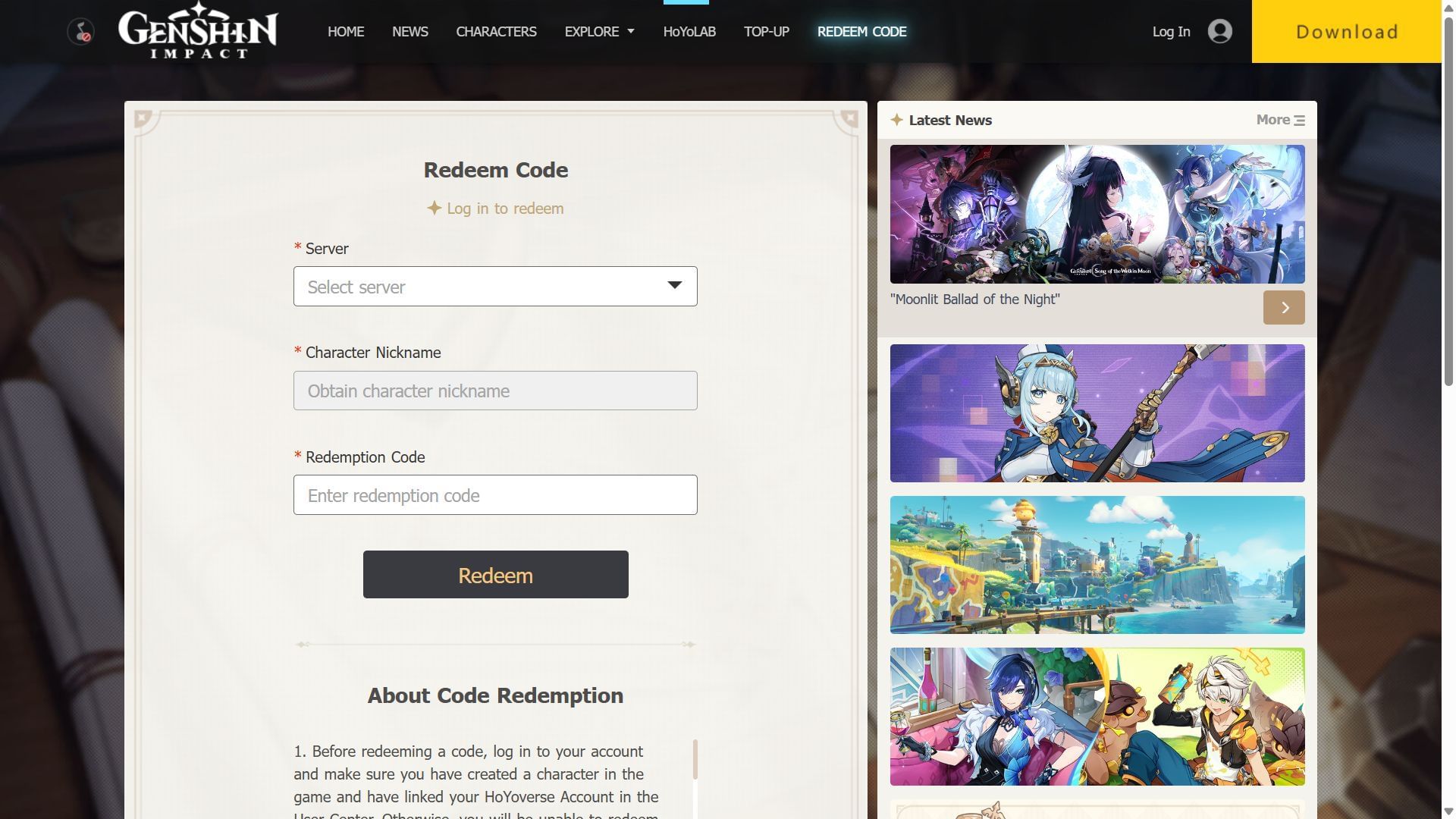 Promotional code redemption page (Image via HoYoverse)