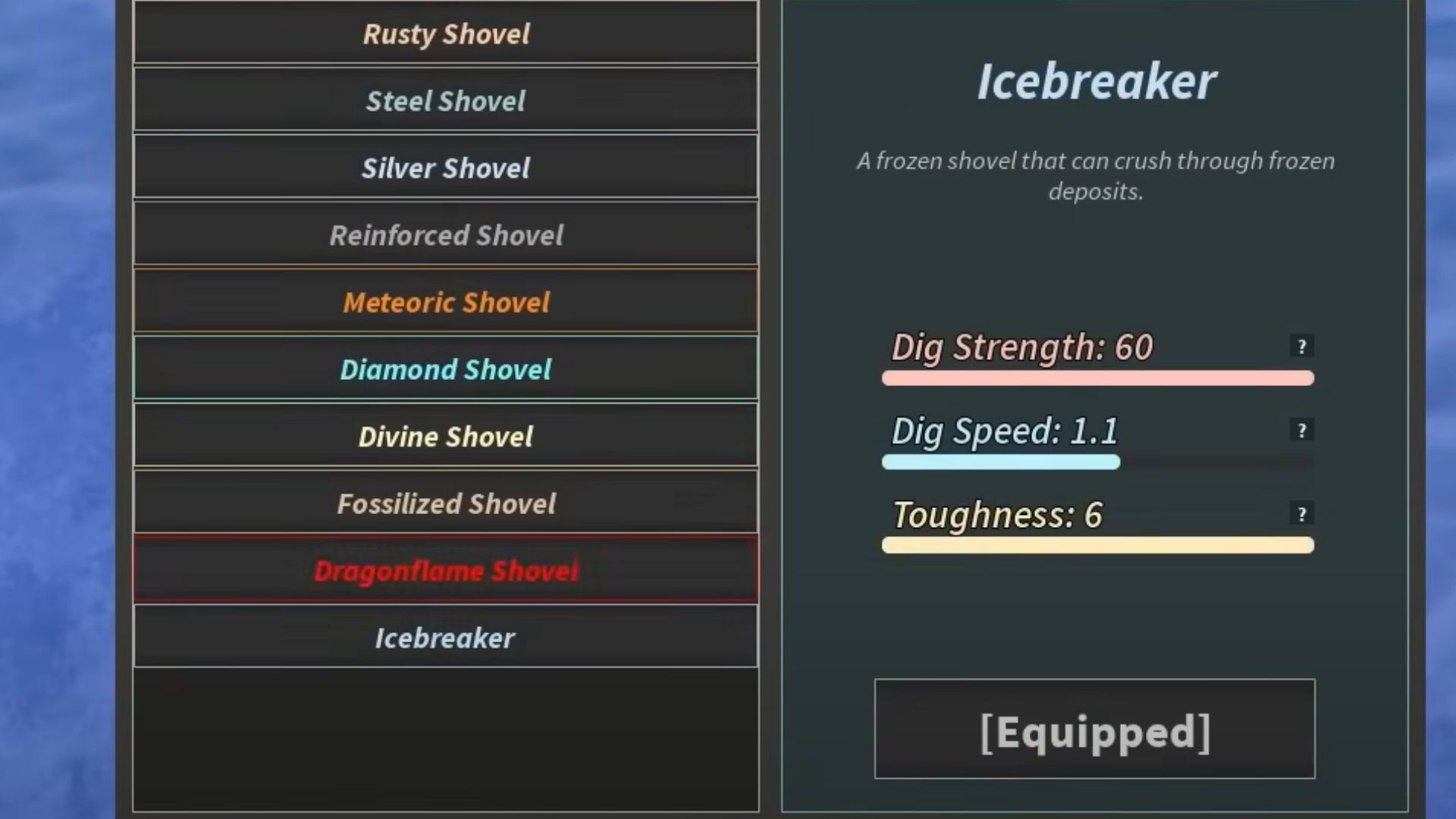 Stats of the Icebreaker shovel (Image via Roblox)