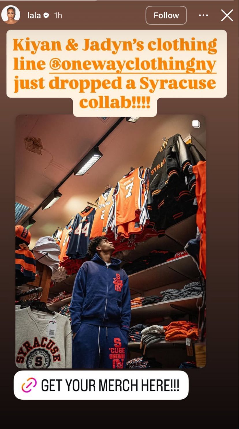 $30 million worth La La Anthony promotes Kiyan Anthony&rsquo;s clothing line&rsquo;s special collab with Syracuse - Image source: Instagram/lala