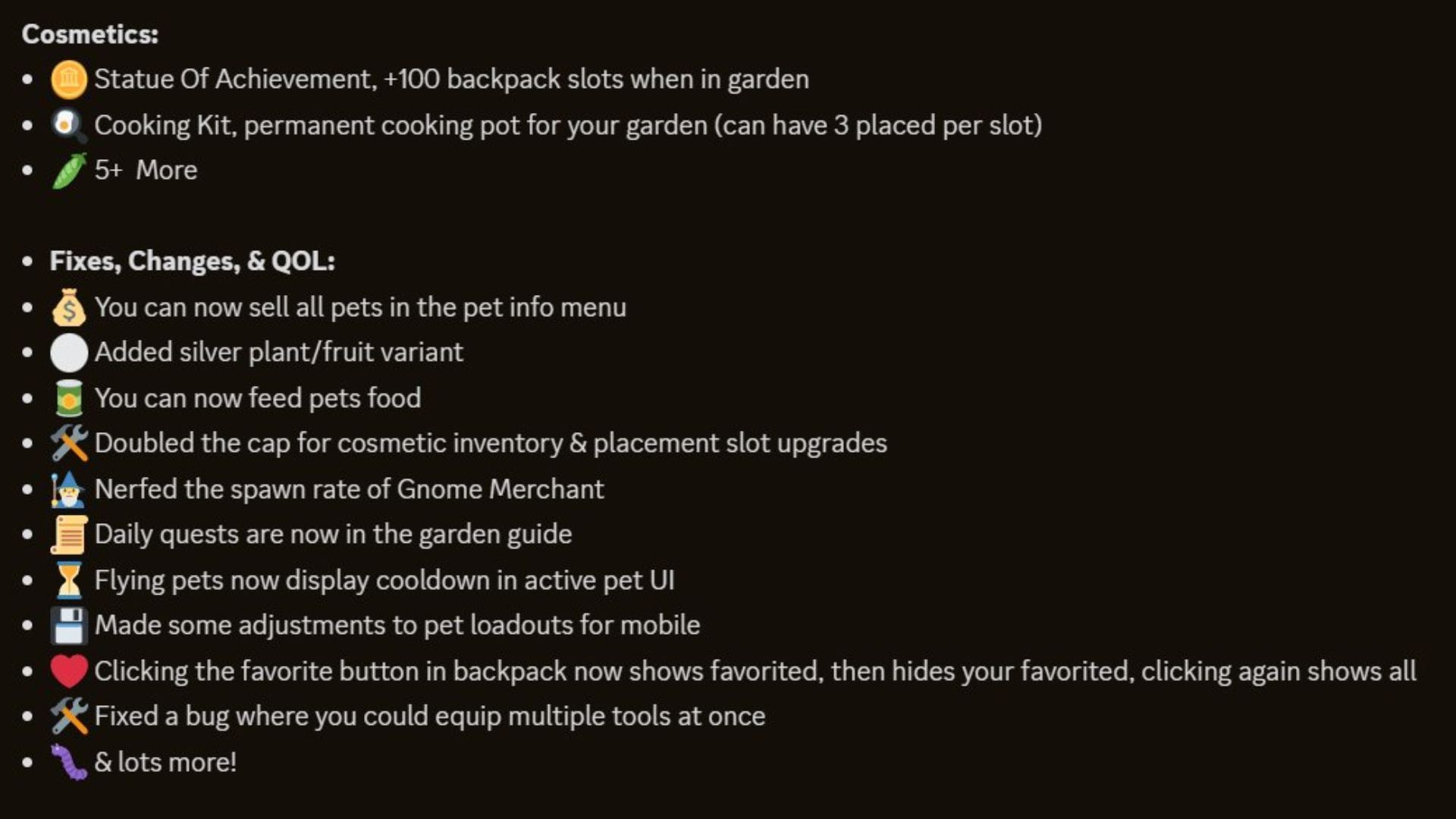 Cosmetics and bug fixes details (Image via X/@GrowaGardenRblx)
