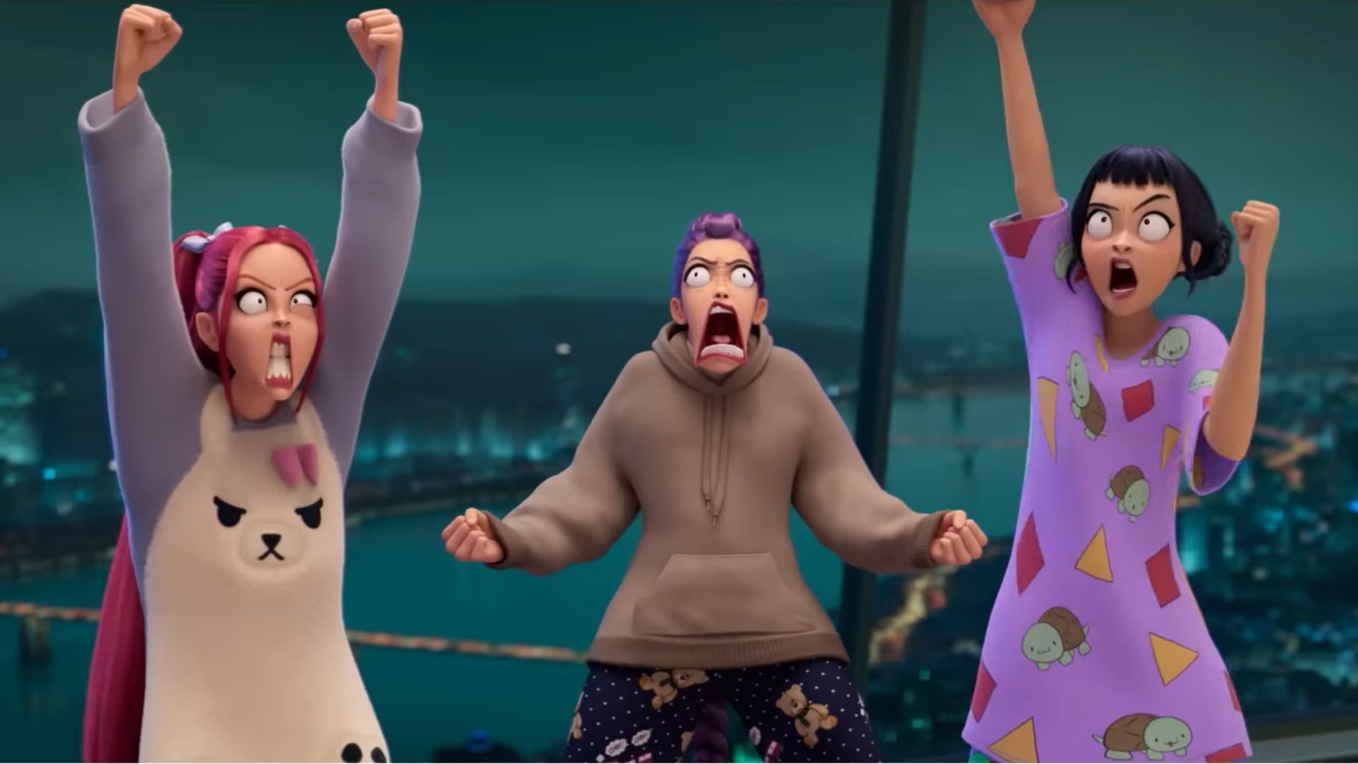 Animated still of three female characters Mira, Rumi, and Zoey in pajamas cheering with exaggerated expressions in KPop Demon Hunters.