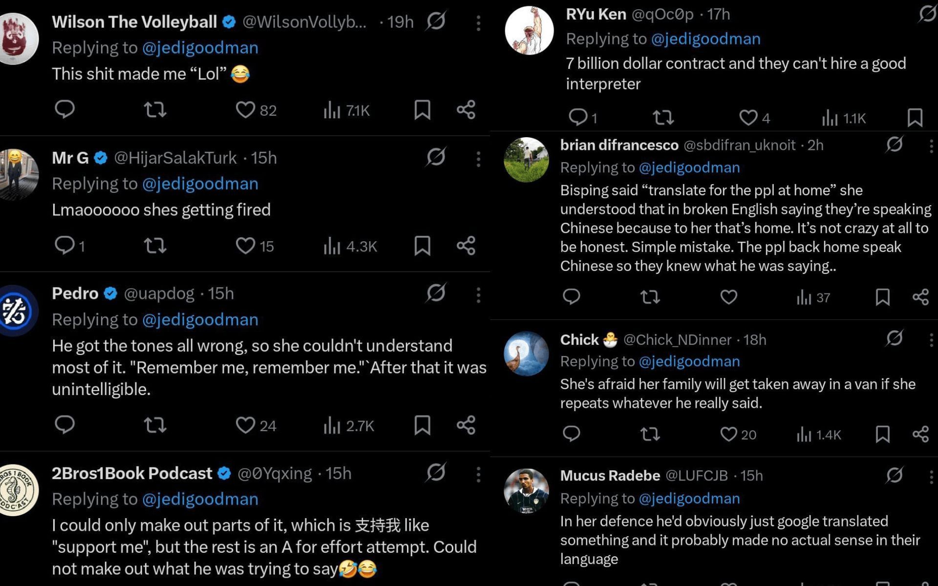 Fans&#039; reaction to Charles Johnson&#039;s UFC Shanghai translator drama. [Screenshots courtesy: @jedigoodman on X]